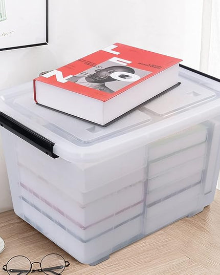 4 Packs 30 L Stackable Plastic Storage Bins with Lids and Wheels, Latching Clear Storage Container Box