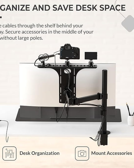 HumanCentric DSLR Monitor Mount Large, Desk Camera Mounting, Light Webcam, Microphone Shelf for Monitor VESA Arm, Replace Clamp Tripods, 100x100mm Patterns, Aluminum, Hardware Included