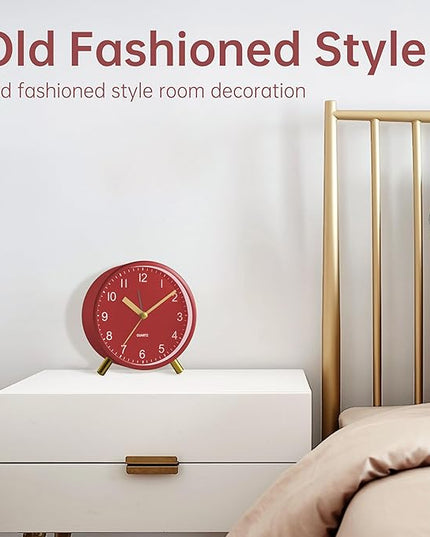 Analog Alarm Clock, 4 inch Super Silent Non Ticking Small Clock with Night Light, Battery Operated, Simple Design, easy setting for Office, Bedroom, Bedside, Desk, teens, elders, kids, adult, Red