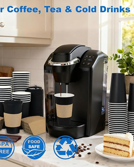 Coolcap 16 oz 100 Pack Coffee Cups with Lids and Sleeves, Straws, Hot Disposable To Go Travel Paper Cups Bulk for Office, Home Coffee Bar Accessories, Chocolate, Cocoa, Beverage (Black)