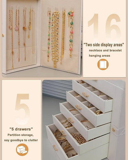 BOOVO Jewelry Box For women, 6 Layer Large Jewelry Organizer With Mirror, Multi-Function Storage Box With Lock, Necklace Holder With 5 Drawers, For Earrings Necklace Bracelet (Pearl White and Gold)