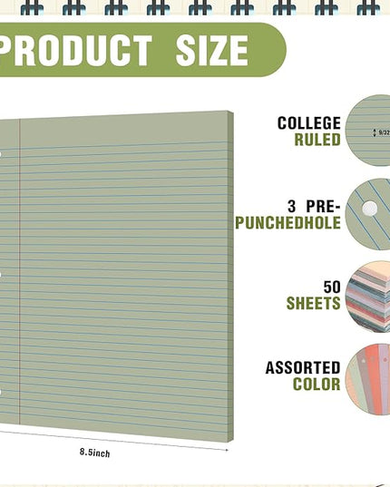 PerKoop 600 Sheets Colored Loose Leaf Paper 8.5" x 11" college ruled Lined 3 Hole Punched notebook Filler Paper for 3 Ring Binders Office School Supplies (Retro Color)