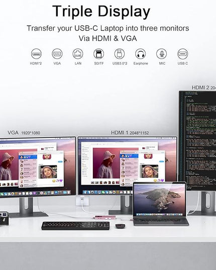 USB Docking Station GIQ USB C HUB USB 3.0 to Dual HDMI VGA Adapter Triple Display USB C Laptop Docking Station Dual Monitor HDMI Splitter Extender Compatible with MacBook M1 M2 USB Dock-Rose Gold