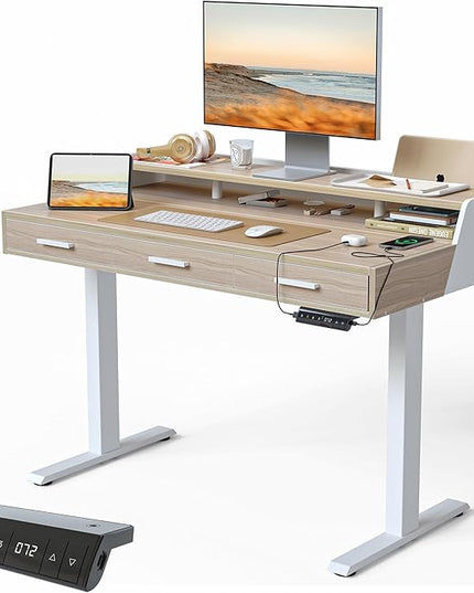 FEZIBO Electric Standing Desk with Drawers, 48x24 Inch Standing Desk Adjustable Height, Stand Up with Monitor Shelf, Sit Stand Home Office Desk, Light Walnut
