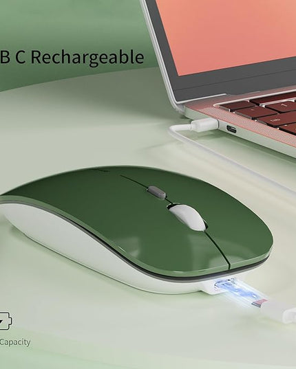Uciefy Q5 Slim Rechargeable Wireless Mouse, 2.4G Portable Optical Silent Ultra Thin Wireless Computer Mouse with USB Receiver and Type C Adapter, Compatible with PC, Laptop, Desktop (Blackish Green)
