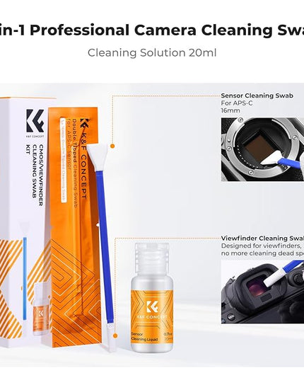 K&F CONCEPT 2-1 16mm APS-C Frame Sensor Cleaning Swab, Viewfinder Cleaning Swab, with 20ml Sensor Cleaner, DSLR Camera CMOS and CCD Sensor Cleaning Swab Kits Compatible with Nikon Sony Canon Camera