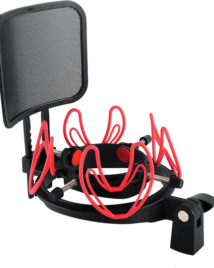 Microphone Shock Mount with Pop Filter Universal Shock Stand for Microphones Size at 21-62mm Anti-Vibration Mic Holder Clip Compatible with AT2020 MXL 990 770 Rode NT1-A Neumann 103(Red)