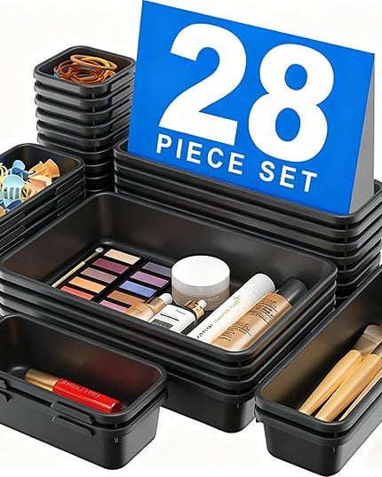 A-LuGei 【𝟮𝟴𝗣𝗖𝗦】 【𝟱𝗦𝗶𝘇𝗲】 Black Drawer Organizer, Makeup organizer, 【Holds 177 Items】 Bathroom Organizers and Storage, Plastic Desk Organizer Divider, Organizer Bins for Office Vanity