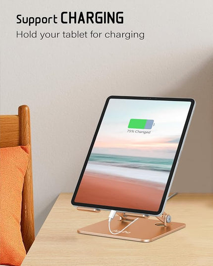 Tablet Stand Holder for Desk Adjustable Tablet Holder, Foldable Aluminum Desktop Tablet Holder for iPad Samsung Galaxy Tabs Amazon Kindle Fire,All Tablets 4-12 inch, Gold