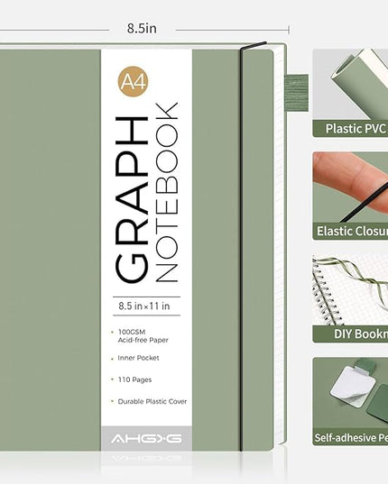 AHGXG Graph Paper Notebook - Spiral Notebook 8.5" x 11", A4 Large Graph Notebook, 100 gsm Thick Grid Paper, Waterproof Plastic Cover Journals for School Writing Engineering Math, Sage Green