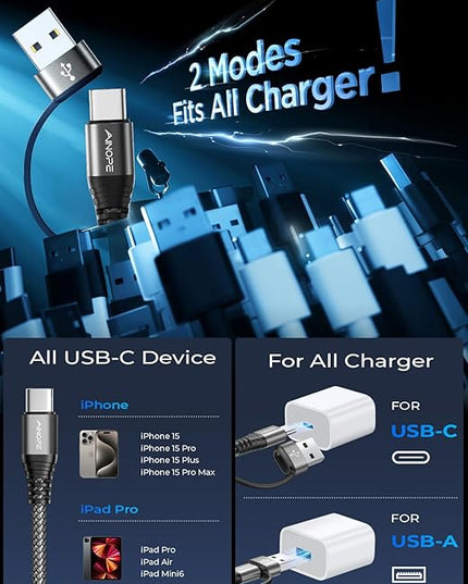AINOPE USB C to USB C Cable, 2 Pack 6 FT USB C Cable Fast Charging with USB to USB C Adapter, 60W USB to USBC Cable for iPhone 17 Pro Max Air Type C Cable for iPhone 16/15/14/13/12, Black