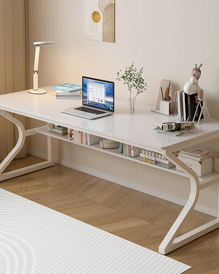 Extra Long Desk with Bookshelf - 63" Double Long Writing Table for 2-Person Workstation, Modern Study Work Computer Desk for Home and Office, Warm White
