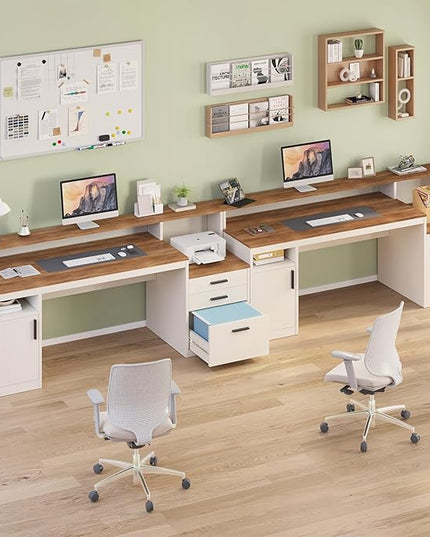 65 Inch Computer Desk with 3 Drawers & Storage Shelves, Executive Desk with File Drawer & Cabinet, Home Office Desk with Long Monitor Stand & Printer Shelf, Antique White