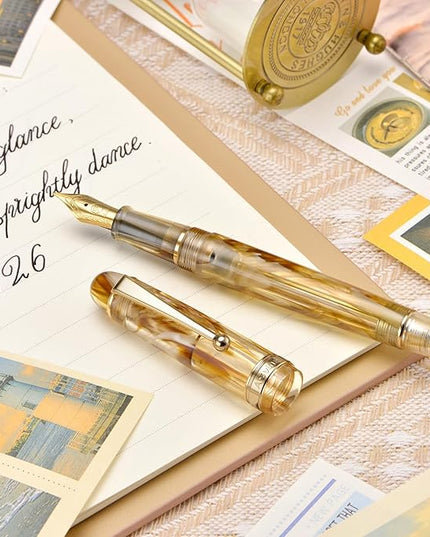 Asvine V126 Vacuum Filling Fountain Pen Brown Swirl Transparent Acrylic, Medium Nib Large-Capacity with Gift Case