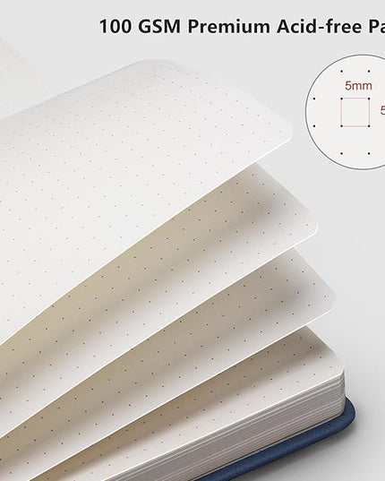 RETTACY Bullet Dotted Journal Notebook, 192 Pages, A5 Medium Size (5.7'' x 8.3''), Leather Hardcover, 100 GSM Thick Paper, for Bullet Journaling, Planning, Tracking (Navy Blue)