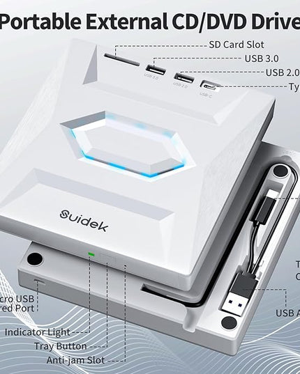 External CD DVD Drive, Ultra Slim Portable CD Player for Laptop CD DVD +/-RW Burner with SD Card Reader USB 3.0 Type C Hub Compatible with Laptop PC Windows Linux