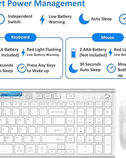 Wireless Keyboard and Mouse, GALENMORO Silent Quiet Combo Low Profile USB C Full Size Compact with Number Pad Flat Soft Touch Cordless for Mac Computer PC Laptop Macbook iMac Office - White and Silver