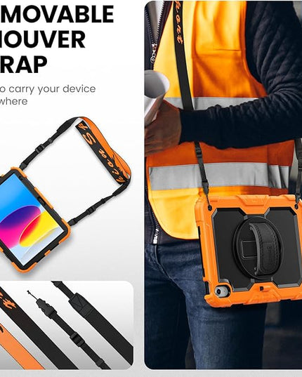 timecity for iPad (A16) 11th/ 10th Generation Case 11''/ 10.9 Inch (2025/2022) - Heavy Duty Protective Cover with Screen Protector, Stand, Shoulder Strap & Pencil Holder | Kids-Friendly - Orange