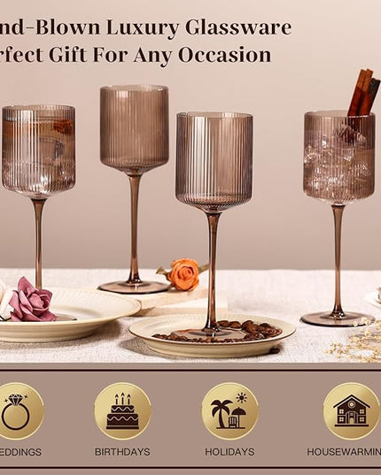 Smokey Gray Square Wine Glasses Set of 6, Elegant Ribbed Design Colored Crystal Glassware with Long Stem, 11.5oz Hand Blown Stemware For Red & White Wine Home Bar Party