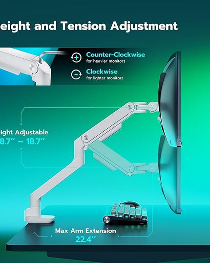 ARES WING Ultrawide Monitor Arm White for 17 to 49 Inch Heavy Duty Curved Screen, Holds 44 Lbs, Adjustable Gas Spring Monitor Arm Desk Mount with C Clamp, Grommet Base, 75/100 Vesa Mount