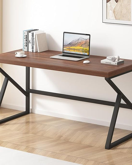 HSH Walnut Computer Desk, Industrial Modern Metal Wood Desk Workstation, Rustic Executive PC Laptop Work Desk Table for Home Office, Simple 55 Inch Writing Study Gaming Desk in Bedroom Living Room