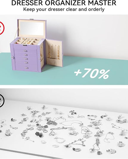 Frebeauty Large Jewelry Box,6-Tier PU Leather Jewelry Organizer,Multi-functional Storage Case with Mirror,Accessories Holder with 5 Drawers for Necklace Bracelets Watches（Purple）