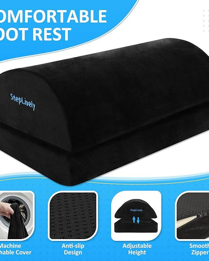 StepLively Foot Rest for Under Desk at Work, Comfortable Foot Stool with 2 Adjustable Heights, Footrest with Washable Cover, for Back & Hip Pain Relief, Suitable for Office, Home, Car, Black, X-Large