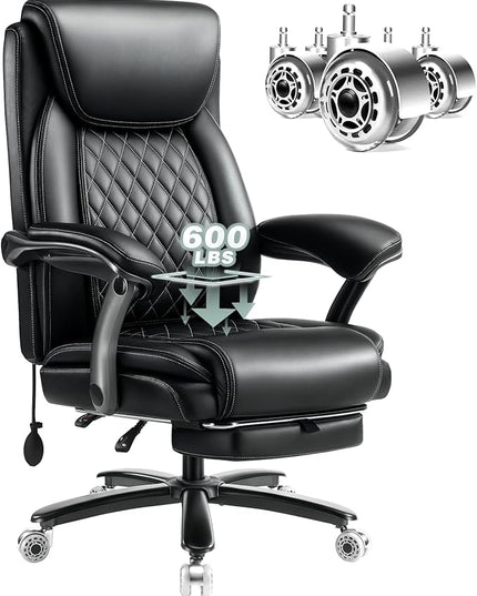 600LBS Large Heavy Duty Office Chair with Foot Rest,Reclining Big and Tall Office Chair with Pocket Spring Cushion, Comfy High Back with Adjustable Lumbar Support,Dual Rubber Wheel