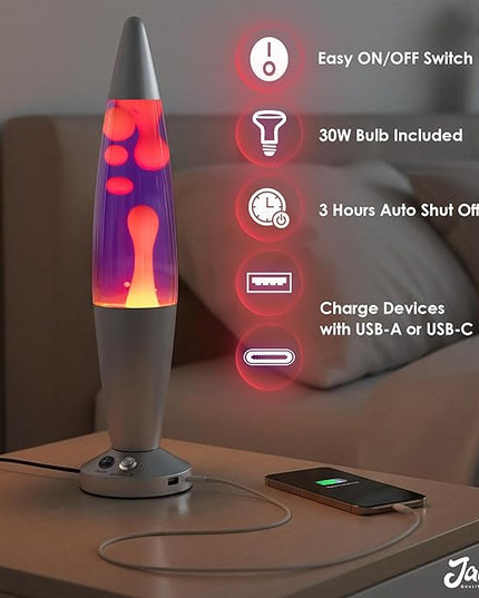 JAMBO Upgraded Motion Lamp – 16" Purple Liquid, Yellow Wax – USB Ports, Timer – Night Light for Adults, Teens, Kids – Bedroom, Living Room, Office Décor Lamp