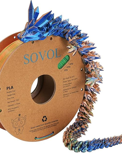 Sovol PLA Filament Silk Tri Color Co-Extrusion 1.75mm, 3D Printer Filament 1kg/ 2.2lbs, Shiny Silk Blue Green Orange 3 in 1 Coextrusion PLA Material +/-0.03mm