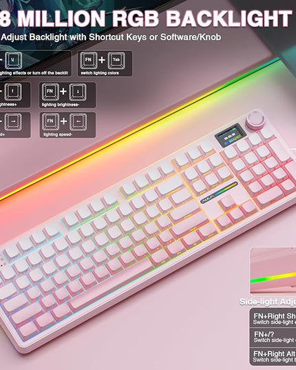 AULA F108 PRO - Wireless Mechanical Keyboard with Screen & Knob,Full Size Keyboard with 8000mAh Battery,Pre-lubed Switches,Side Printed PBT Keycaps,RGB Backlit Hot Swappable Custom Pink Keyboards