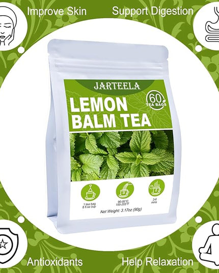 Jarteela Lemon Balm Tea, 1.5g x 60 Count - Natural Melissa Officinalis - Pyramid Herbal Lemon Balm Tea Bags for Digestion - Non-GMO - Caffeine-Free
