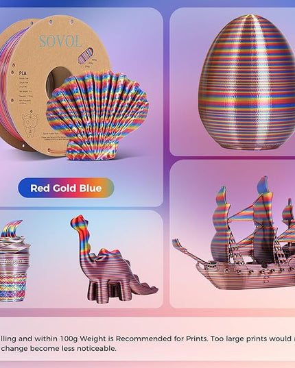 Sovol Silk PLA Filament Rotated Tri Color Co-Extrusion 1.75mm, Fast Change 3D Printer Filament 1kg/ 2.2lbs, Red Gold Blue 3 in 1 Coextrusion PLA Material +/-0.03mm