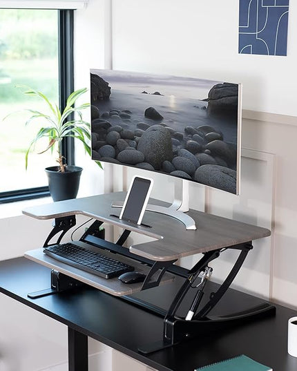 VIVO 36 inch Height Adjustable Stand Up Desk Converter, V Series, Quick Sit to Stand Tabletop Dual Monitor Riser Workstation, Gray Top, Black Frame, DESK-V000VG