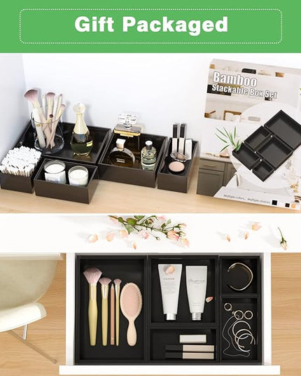 Black Bamboo Bathroom Drawer Organizer, Wooden Kitchen Utensil Holder Set of 5, Stackable Junk Drawer Organizer Tray, Multi-Use Storage Bins Boxs Dividers for Home, Office, Clothing, Makeup, Jewelry
