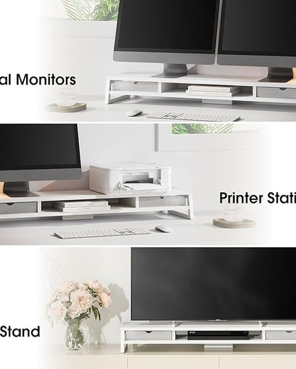 Fenge Dual Monitor Stand, Monitor Riser with Drawer, 42.5 Inch Large Computer Monitor Stand for 2 Monitors, 2 Tier Wooden Desk Shelf for Top of Desk