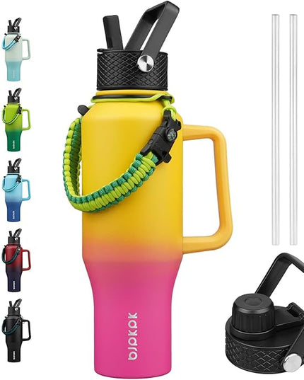 BJPKPK Insulated Water Bottles with Straw Lid, 35oz Metal Water Bottle with 2 lids & Paracord Strap, Double Wall Stainless Steel Tumbler with Handle, Reusable Cups, Mugs, Thermo, Pink & Yellow Rose