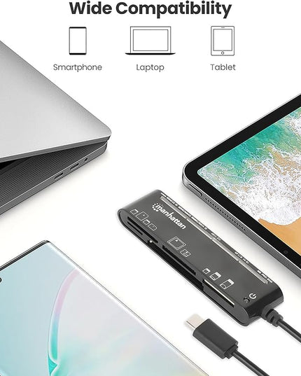 Manhattan 5 in 1 USB C Multi Card Reader Writer – microSD, SD, MS, xD, and CF, 480 Mbps Data Transfer Speed – Multiple Adapter Hub - Compatible with Windows & Mac – 3 Yr Mfg Warranty - 102681