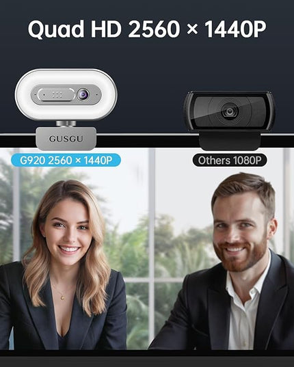 GUSGU G920 2K Quad HD Webcam for PC, Auto Focus, with Microphone & Light & Privacy Cover, Web Camera for Desktop Computer/Laptop/MacBook, USB Streaming Camera
