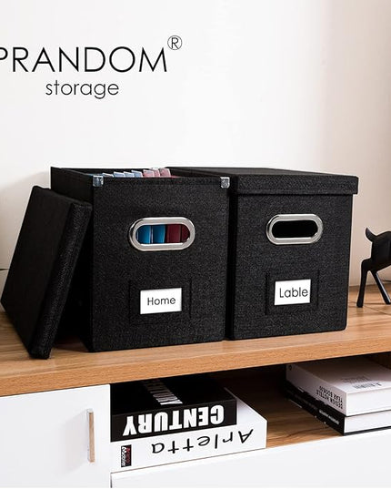 PRANDOM File Organizer Box - Set of 4 Collapsible Decorative Linen Filing Storage Hanging File Folders with Lids Office Cabinet Letter Size Black (14x9.3x10.8 inch)