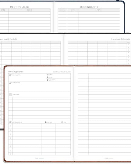 EMSHOI Meeting Notebook for Work with Sticky Tabs - 240 Pages, A4 Size Project Planner, PU Leather Meeting Agenda/Minutes Organizer for Women Men, Note Taking, Office & Business, 8.3"x11.7", Coffee