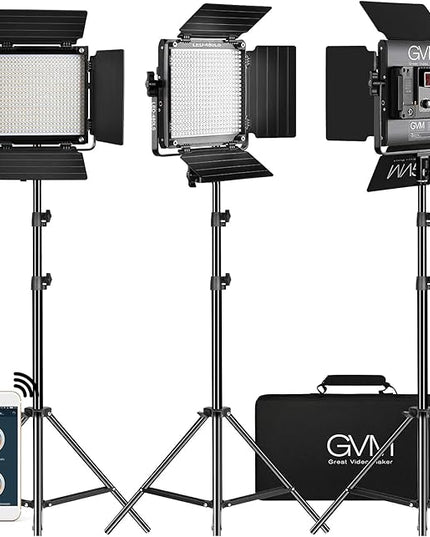 GVM 3 Pack LED Video Lighting Kits with APP Control, Bi-Color Variable 2300K~6800K with Digital Display Brightness of 10~100% for Video Photography, CRI97+ TLCI97 Led Video Light Panel +Barndoor