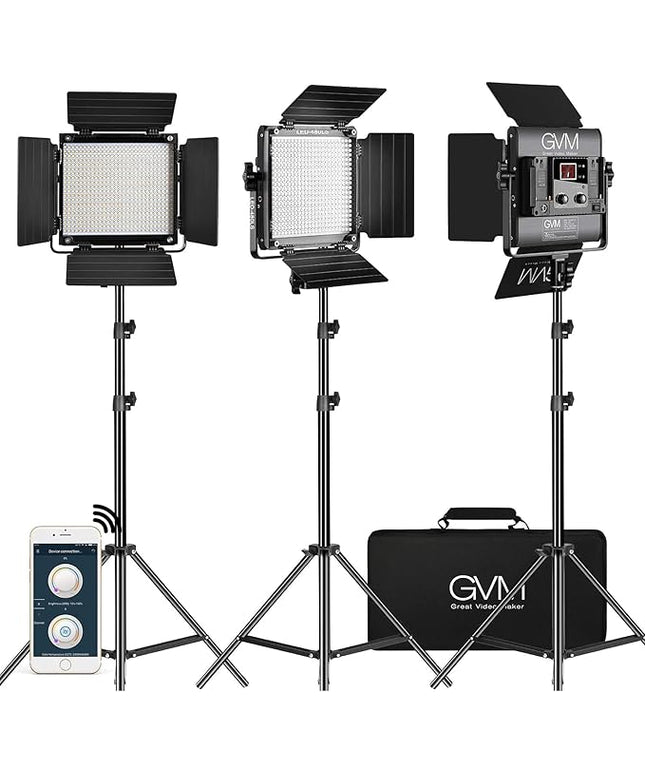 GVM 3 Pack LED Video Lighting Kits with APP Control, Bi-Color Variable 2300K~6800K with Digital Display Brightness of 10~100% for Video Photography, CRI97+ TLCI97 Led Video Light Panel +Barndoor