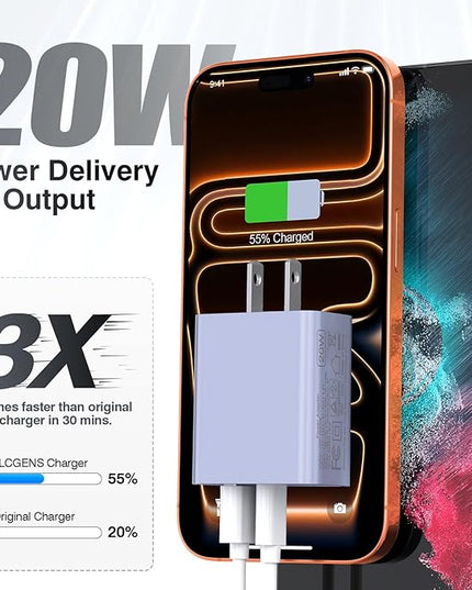 [2 Pack] USB-C Wall Charger, 20W Dual Port QC+PD3.0 Power Adapter, Double Fast Plug Charging Block for Samsung Galaxy S24 S23/S23+/S23Ultra/S22/S22+/S22 FE/Note 20Ultra, iPhone 16/17 Brick Box, Purple