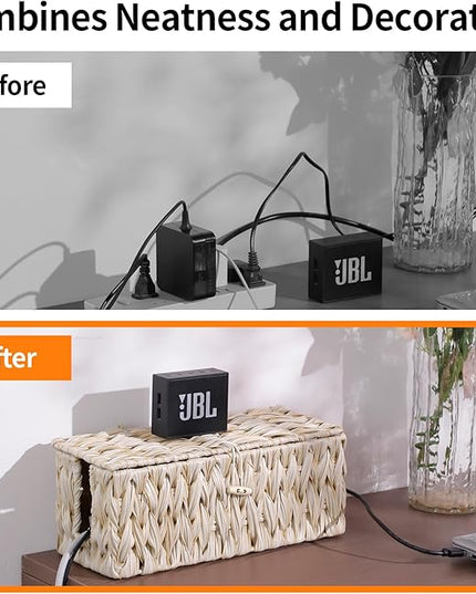 Cable Management Box,Boho Decorative Handwoven 2 Open Slots Cord Organizer Hider Box with Lid for TV Wires, Computer, Router, USB Hub and Under Desk Power Strip
