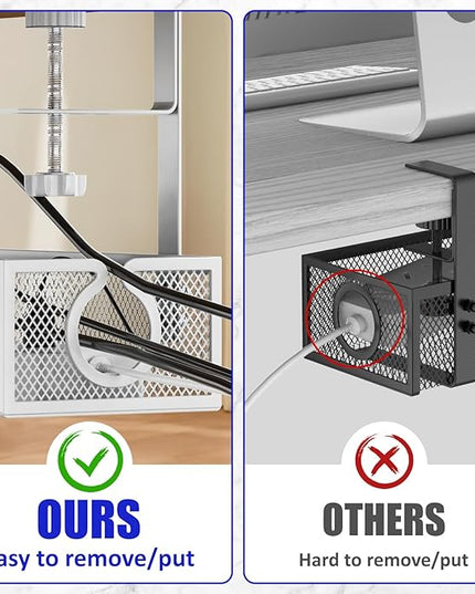 Under Desk Cable Management Tray, Metal Long Arms(3.9in), No Drill Mesh Wire Management Tray Cable Box for Office, Desk Wire Organizer with Clamp Mount, 1 Pack, White