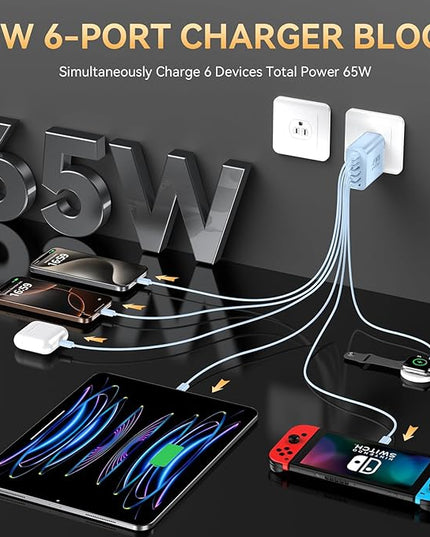 USB C Fast Charger Block, iPhone Charger Fast Charging Blocks 65W Multi Port Charger 6-Ports PD & QC Charging Cube Brick Power Adapter Type C Wall Chargers for iPhone 17/16/15/14/13/12 Pro Max, iPad