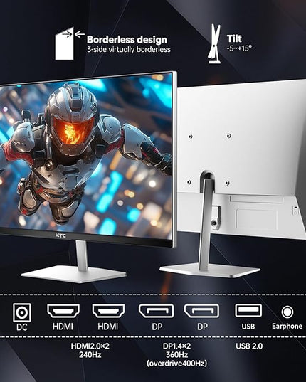 KTC 24.5 Inch 400Hz Gaming Monitor, FHD 1080P 240Hz Computer Monitor, Fast IPS, FreeSync/G-Sync Compatible, HDR400, DisplayPort x2 HDMI x2, VESA, Tilt Adjustable,H25X7