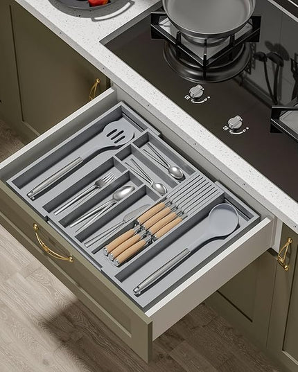 Bamboo-Silverware-Drawer-Organizer-Kitchen, Expandable Utensil Holder Cutlery Tray Flatware Organization Adjustable Wood Tableware Dividers Storage (with Removable Knife Block)(Grey)