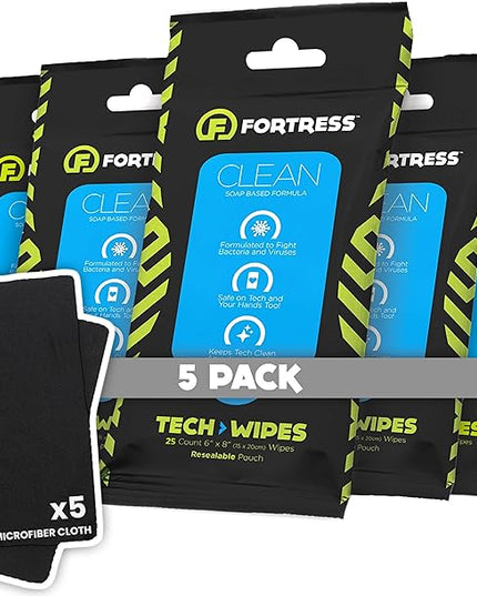 Fortress Electronic Wipes With Microfiber Cloth (25 ct, Pack of 5) To-Go Tech Wipes for Screens, Phones, Keyboards, TV Monitors, Computer Screens, and More [Travel Size] Skin-Safe